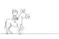 Continuous one line drawing happy cute boy riding cute donkey. Child sitting on back donkey with saddle in ranch park. Kids