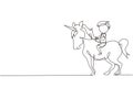 Continuous one line drawing happy cute boy riding cute unicorn. Child sitting on back unicorn in fairy tale dream. Kids learning