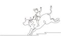 Continuous one line drawing happy cute kid boy riding cute bull. Child sitting on back bull with saddle in cowboy ranch. Kids