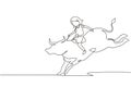 Continuous one line drawing happy cute kid girl riding bull. Child sitting on back bull with saddle in cowboy ranch. Kids learning