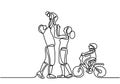 Continuous one line drawing. Happy family mother and father playing with children. Cute children riding bike and parent playing