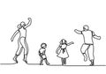 Continuous one line drawing. Happy family mother and father playing with children. Young parents running and jumping together with Royalty Free Stock Photo