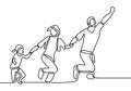 Continuous one line drawing. Happy family mother and father playing with children. Young parents running and jumping together with Royalty Free Stock Photo