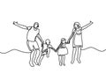 Continuous one line drawing. Happy family mother and father playing with children. Young parents running and jumping together with Royalty Free Stock Photo