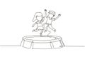 Continuous one line drawing happy girl and boy jumping together on trampoline. Cute little kids jumping on round trampoline.