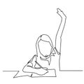 Continuous one line drawing. Happy girl sitting in a classroom raises her hand. Vector illustration. back to school