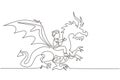 Continuous one line drawing happy little boy flying with fantasy dragon. Child fly and sitting on back dragon at the sky. Kids