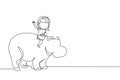 Continuous one line drawing happy little girl riding strong hippo. Child sitting on back hippopotamus in zoo. Kids learning to