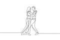 Continuous one line drawing happy people dancing salsa. Couples, man and woman in dance. Pairs of dancers with waltz tango and