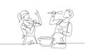 Continuous one line drawing happy romantic couple singing while cooking together, using spatula and broccoli as microphones.