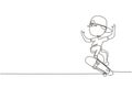 Continuous one line drawing happy smiling boy playing on skateboard. Kid accelerating doing jumping. Children on skateboarding Royalty Free Stock Photo