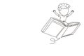 Continuous one line drawing happy smiling preschooler kid boy flying on big open book. Children riding magical flying book. Royalty Free Stock Photo