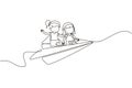 Continuous one line drawing Happy two little girls flying on paper plane. Kids flying on paper airplane together. Children back to Royalty Free Stock Photo