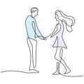 Continuous one line drawing of happy young couple standing and holding hands together. Loving couple woman and man in romantic