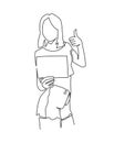 Continuous one line drawing of happy young woman holding a blank empty sheet of white paper or board and gesturing