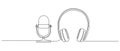 Continuous one line drawing of headphones speaker and microphone for podcast web banner. Music gadget mic and earphones