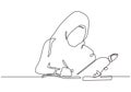 Continuous one line drawing of hijab girl study. Woman with muslimah scarf writing and reading with a pen and book Royalty Free Stock Photo