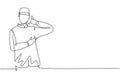 Continuous one line drawing hotel doorman with call me gesture and neat uniform. Serve guests friendly and warm manner.