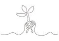 Continuous one line drawing of human hands holding a plant to describe back to nature theme isolated on white background. Concept