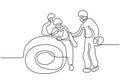 Continuous one line drawing of industrial employee workers doing installation with wired roll cable warehouse