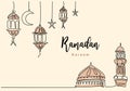 Continuous one line drawing of Islamic mosque with hanging traditional lantern, star and half moon. Ramadan Kareem greeting card,