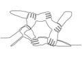 Continuous one line drawing of join hands puzzle business metaphor of teamwork. Vector illustration unity, strength, and