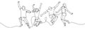 Continuous one line drawing of jumping happy team members vector illustration simple and minimalist design. Group of four people