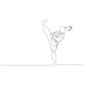 Continuous one line drawing Karate girl high kick. Vector illustration.