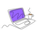 Continuous one line drawing of laptop computer with coffee. Symbol of working creative. Metaphor business of relaxation and