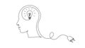 Continuous one line drawing light bulb inside head with plug. Concept of creative idea, education and imagination in Royalty Free Stock Photo