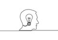 Continuous one line drawing light bulb symbol idea. Thinking ideas inside the person`s head. Concept of idea emergence. Vector Royalty Free Stock Photo