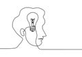 Continuous one line drawing light bulb symbol idea. Thinking ideas inside the person`s head. Concept of idea emergence. Vector Royalty Free Stock Photo