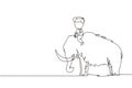 Continuous one line drawing little boy caveman riding woolly mammoth. Young kid sitting on back of mammoth. Stone age children.