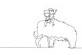 Continuous one line drawing little boy and girl caveman riding woolly mammoth together. Kids sitting on back of mammoth. Stone age