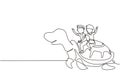 Continuous one line drawing little boy and girl riding sea turtle together. Children sitting on back tortoise with fins diving in Royalty Free Stock Photo
