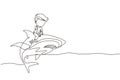 Continuous one line drawing little boy riding inflatable shark. Young kid sitting on back shark in swimming pool. Shark ocean fish