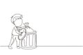 Continuous one line drawing little boy taking out the trash. Kids doing housework chores at home concept. Ecology themed. Eco