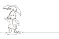 Continuous one line drawing little girl play wear raincoat and umbrella. Child playing in rain. Kid in raincoat and rubber boots Royalty Free Stock Photo