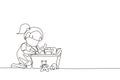 Continuous one line drawing little girl putting her toys into box. Kids doing housework chores at home concept. Smiling child