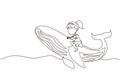 Continuous one line drawing little girl riding blue whale. Young kid sitting on back of whale at beach. Child learning to ride