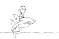 Continuous one line drawing little girl riding inflatable shark. Young kid sitting on back shark in swimming pool. Shark ocean