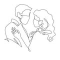 Continuous one line drawing of love in quarantine times. Couple hugs in protective medical masks vector illustration