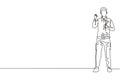 Continuous one line drawing male mechanic stands up with gesture okay and holding wrench to perform maintenance on vehicle engine