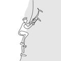 Continuous one line drawing of a male mountain climber going up snowy slope with axes against clouds isolated on white background Royalty Free Stock Photo