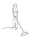 Continuous one line drawing of a man cleaning the floor using mop. continuous single drawn one line male cleaner washes the floor