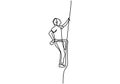 Continuous one line drawing of man doing climbing. Energetic young male practices rock climbing the rope for safety isolated on