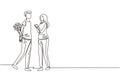 Continuous one line drawing man gives flowers to woman. Young man giving to woman bouquet of flowers for propose. Happy romantic