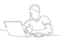 Continuous one line drawing of man with laptop. Person sitting and thinking Royalty Free Stock Photo