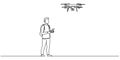 Continuous one line drawing of man operating drone remote control. Man flying drone aircraft single outline vector design. Royalty Free Stock Photo