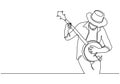 Continuous one line drawing of man playing banjo music vector illustration. Stringed instrument with a thin membrane stretched.